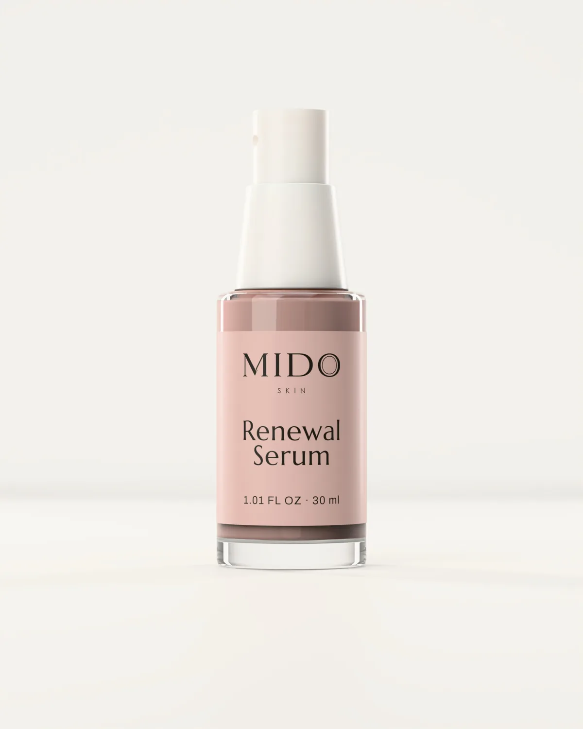 MIDO Skin Renewal Serum, a blush glass bottle with a white pump